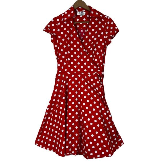 Maggie Tang Wrap Dress Womens M Red White Polka Dot 100% Cotton Retro 50s Picnic - Picture 1 of 5